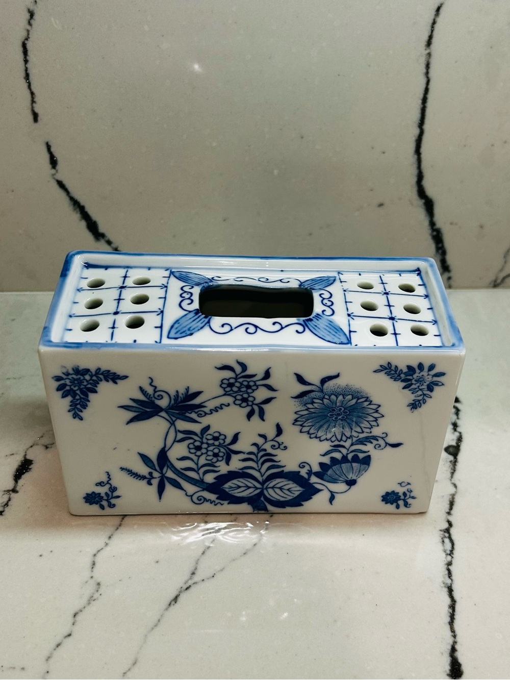 Vintage Blue Onion Floral Porcelain Flower Frog Brick Vase